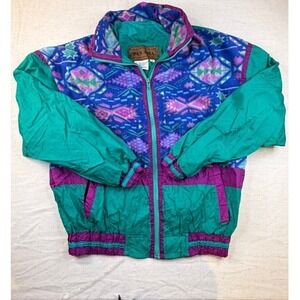 Vintage Pan Asia Aztec Jacket Womens Small Teal Purple Fleece Nylon Windbreaker